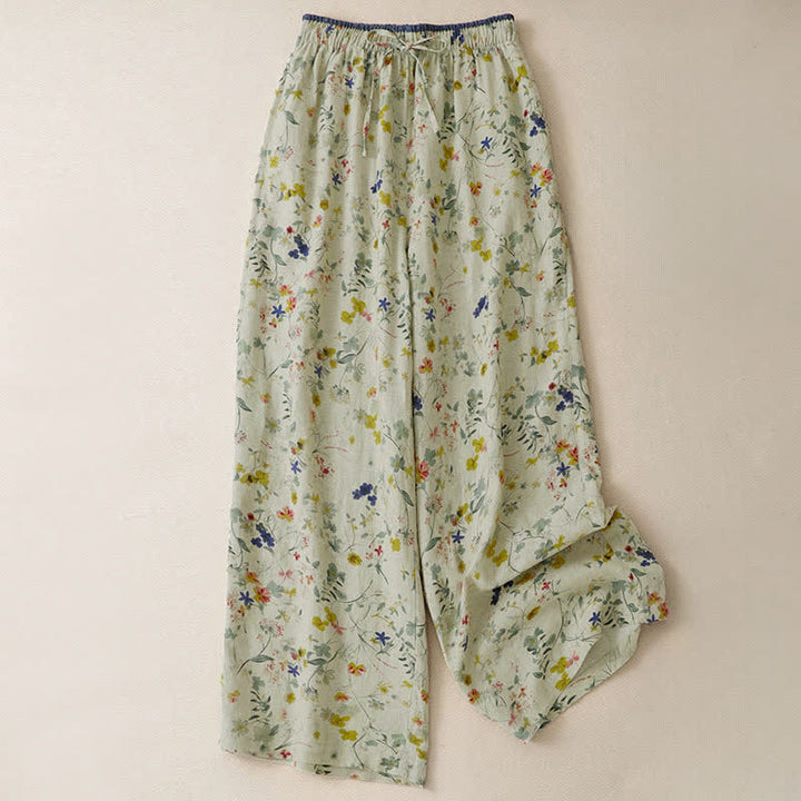 Buddha Stones Pantalones largos de mujer de pierna ancha con estampado floral y cordón ajustable, estilo boho casual de primavera/verano. - Beige - US12, UK/AU16, EU44 (2XL) - image 0