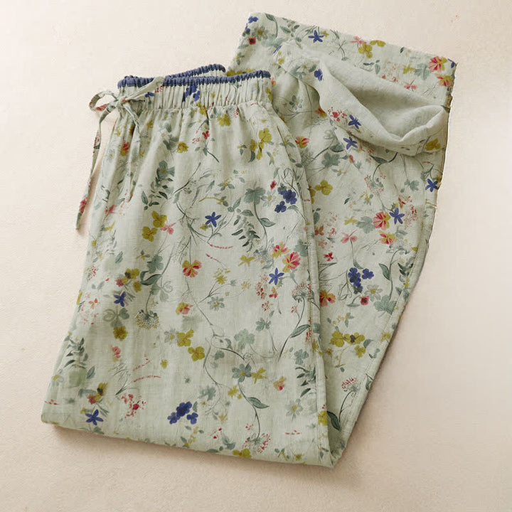 Buddha Stones Pantalones largos de mujer de pierna ancha con estampado floral y cordón ajustable, estilo boho casual de primavera/verano. - image 2