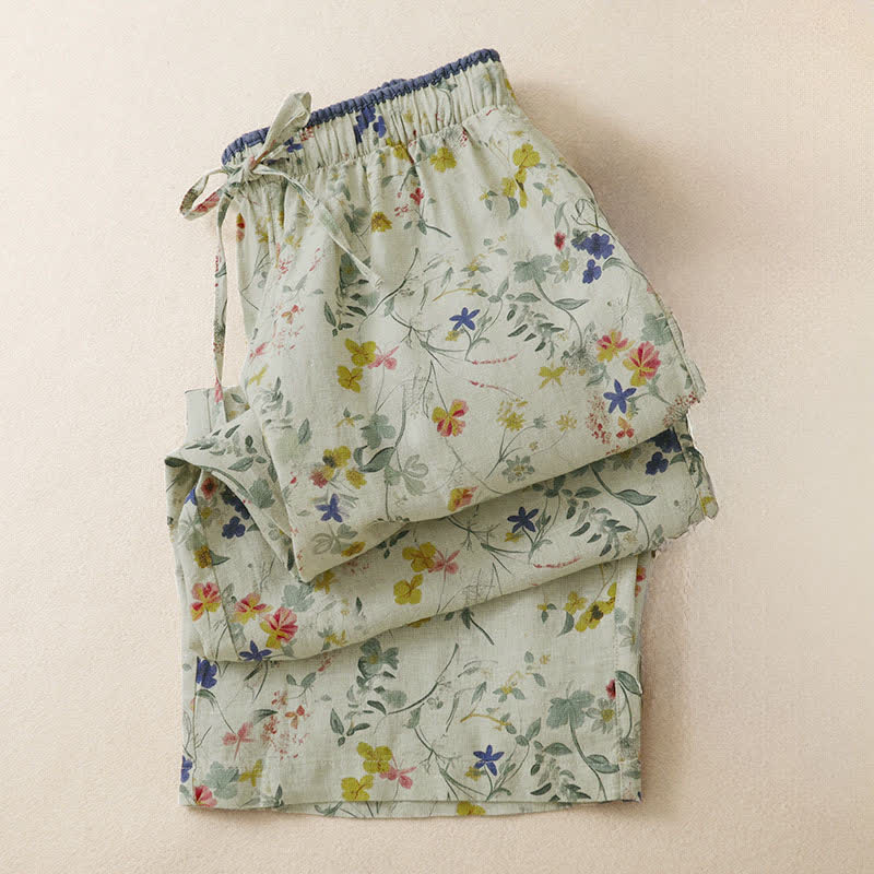 Buddha Stones Pantalones largos de mujer de pierna ancha con estampado floral y cordón ajustable, estilo boho casual de primavera/verano. - image 3