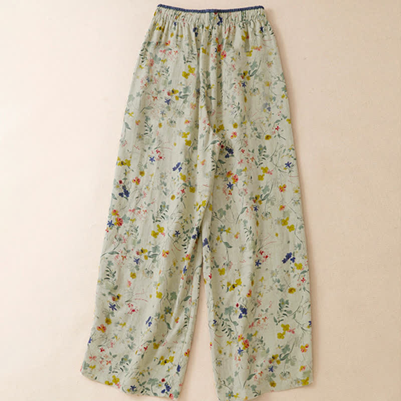 Buddha Stones Pantalones largos de mujer de pierna ancha con estampado floral y cordón ajustable, estilo boho casual de primavera/verano. - image 1