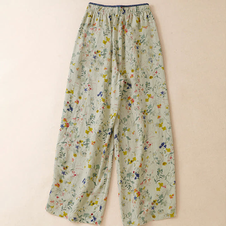Buddha Stones Pantalones largos de mujer de pierna ancha con estampado floral y cordón ajustable, estilo boho casual de primavera/verano. - image 1