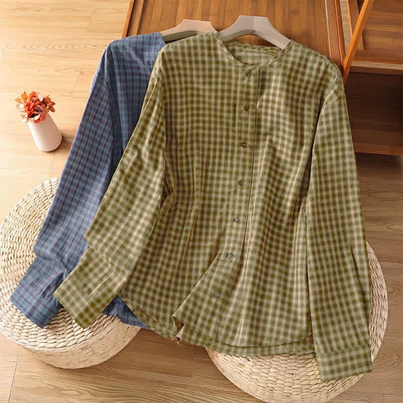 Buddha Stones Camisas de manga larga a cuadros minimalistas con botones para mujer, ideales para primavera y otoño. - image 18