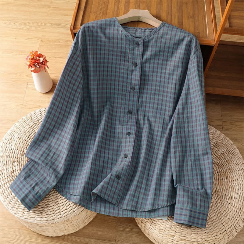 Buddha Stones Camisas de manga larga a cuadros minimalistas con botones para mujer, ideales para primavera y otoño. - Gris pizarra - US4, UK/AU8, EU36 (M) - image 9