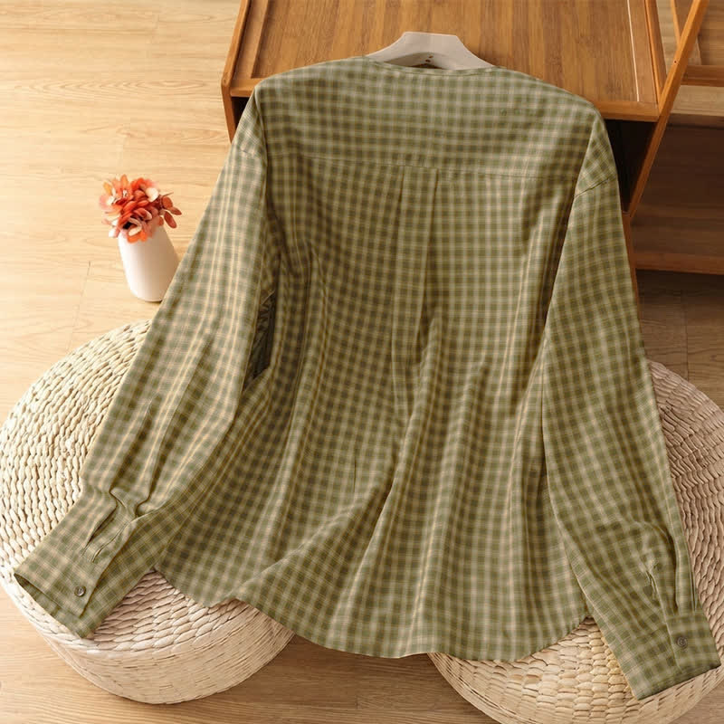 Buddha Stones Camisas de manga larga a cuadros minimalistas con botones para mujer, ideales para primavera y otoño. - image 1