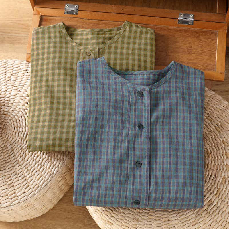 Buddha Stones Camisas de manga larga a cuadros minimalistas con botones para mujer, ideales para primavera y otoño. - image 19