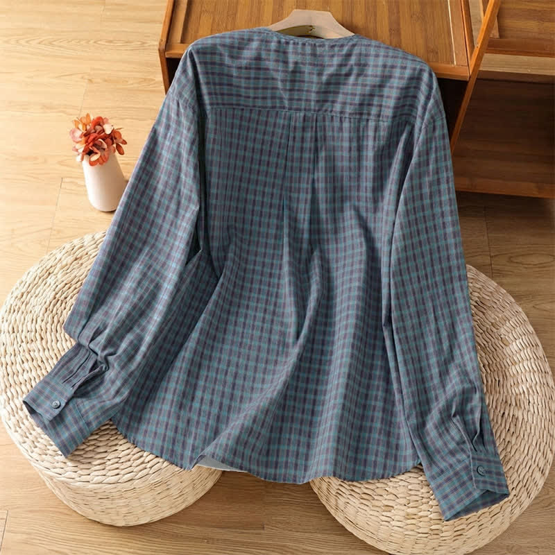 Buddha Stones Camisas de manga larga a cuadros minimalistas con botones para mujer, ideales para primavera y otoño. - image 10