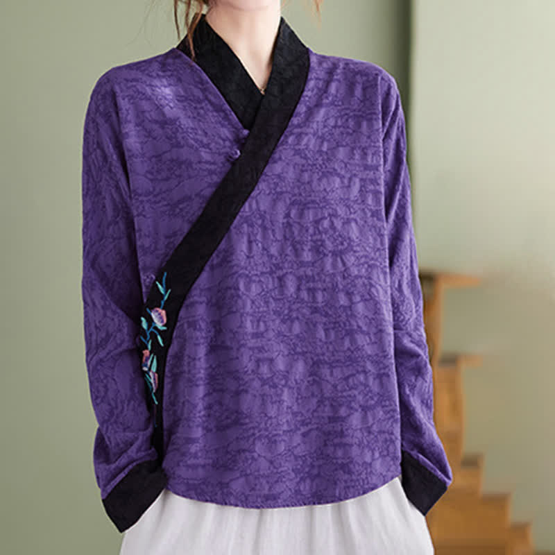 Buddha Stones Camisas de manga larga para mujer con bordado floral estilo Tang, elegantes, ideales para primavera y otoño. - RebeccaPurple - US8-10, UK/AU12-14, EU40-42 (2XL) - image 5