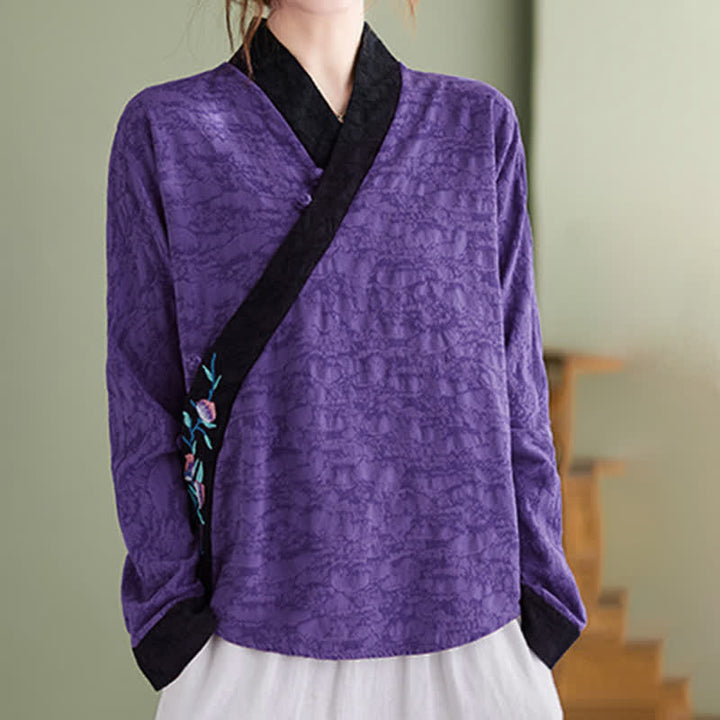 Buddha Stones Camisas de manga larga para mujer con bordado floral estilo Tang, elegantes, ideales para primavera y otoño. - RebeccaPurple - US8-10, UK/AU12-14, EU40-42 (2XL) - image 5