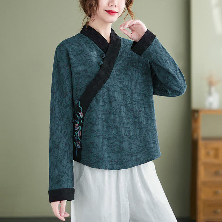 Buddha Stones Camisas de manga larga para mujer con bordado floral estilo Tang, elegantes, ideales para primavera y otoño. - image 2