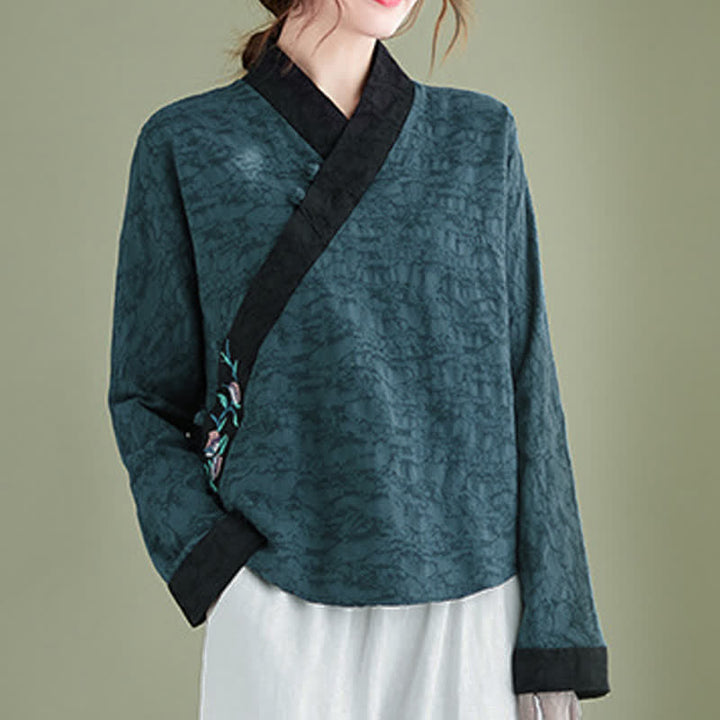 Buddha Stones Camisas de manga larga para mujer con bordado floral estilo Tang, elegantes, ideales para primavera y otoño. - image 1