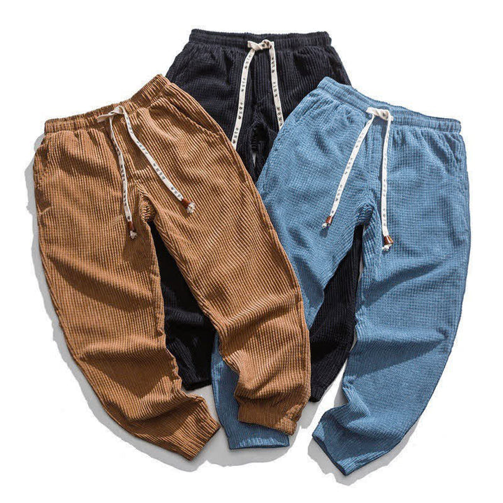 Buddha Stones Pantalones tobilleros de pana lisos de estilo retro clásico de invierno con cordón ajustable para hombre, corte ajustado y bolsillo. - image 3