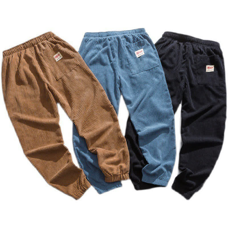 Buddha Stones Pantalones tobilleros de pana lisos de estilo retro clásico de invierno con cordón ajustable para hombre, corte ajustado y bolsillo. - image 4