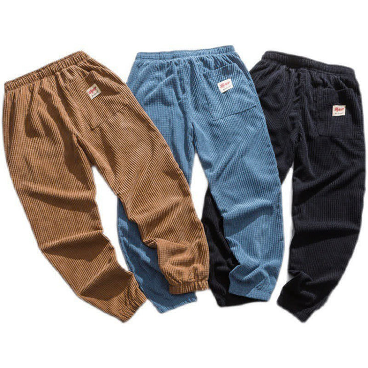 Buddha Stones Pantalones tobilleros de pana lisos de estilo retro clásico de invierno con cordón ajustable para hombre, corte ajustado y bolsillo. - image 4