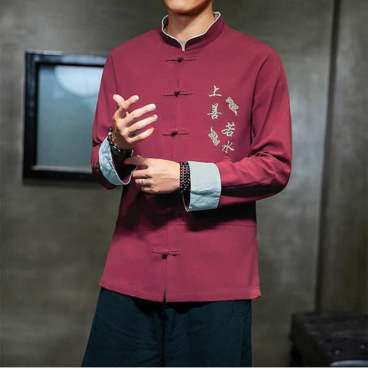 Buddha Stones Camisas de manga larga para hombre, estilo Tang vintage, con cuello mandarín, botones de rana y bordado de personajes, ideales para otoño e invierno. - image 15