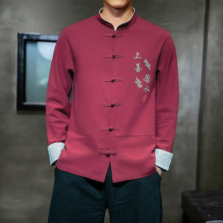 Buddha Stones Camisas de manga larga para hombre, estilo Tang vintage, con cuello mandarín, botones de rana y bordado de personajes, ideales para otoño e invierno. - Carmesí - US/UK/AU46, EU56 (5XL) - image 13