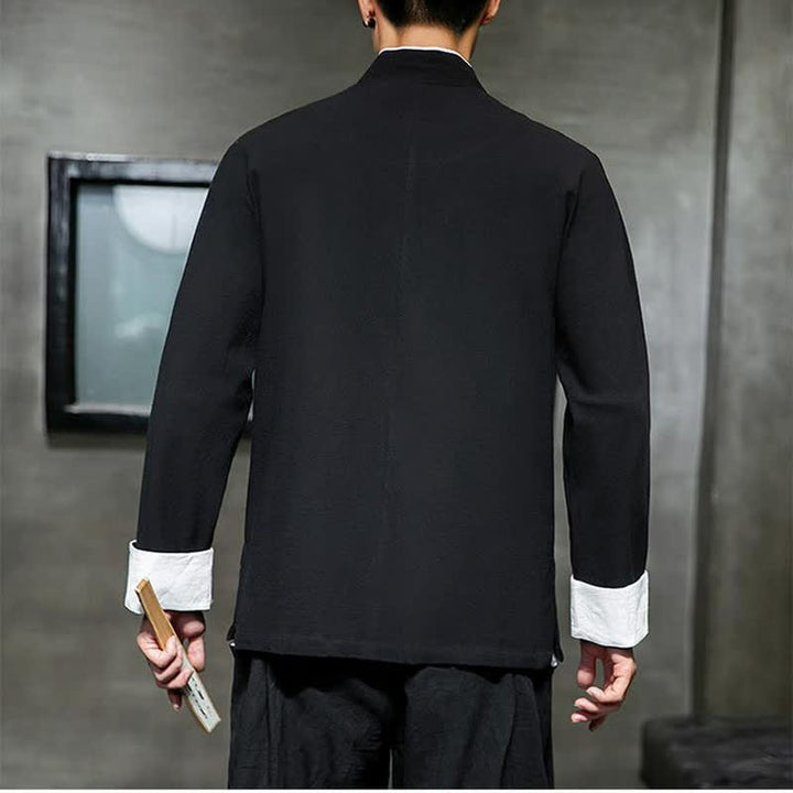 Buddha Stones Camisas de manga larga para hombre, estilo Tang vintage, con cuello mandarín, botones de rana y bordado de personajes, ideales para otoño e invierno. - image 3