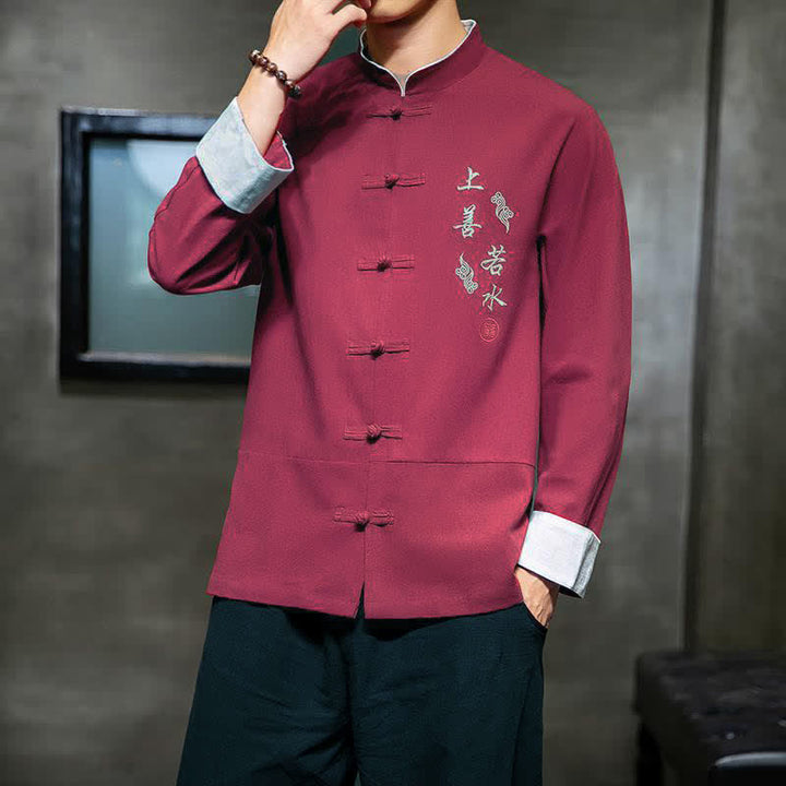 Buddha Stones Camisas de manga larga para hombre, estilo Tang vintage, con cuello mandarín, botones de rana y bordado de personajes, ideales para otoño e invierno. - image 16
