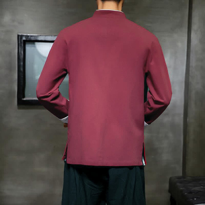 Buddha Stones Camisas de manga larga para hombre, estilo Tang vintage, con cuello mandarín, botones de rana y bordado de personajes, ideales para otoño e invierno. - image 17
