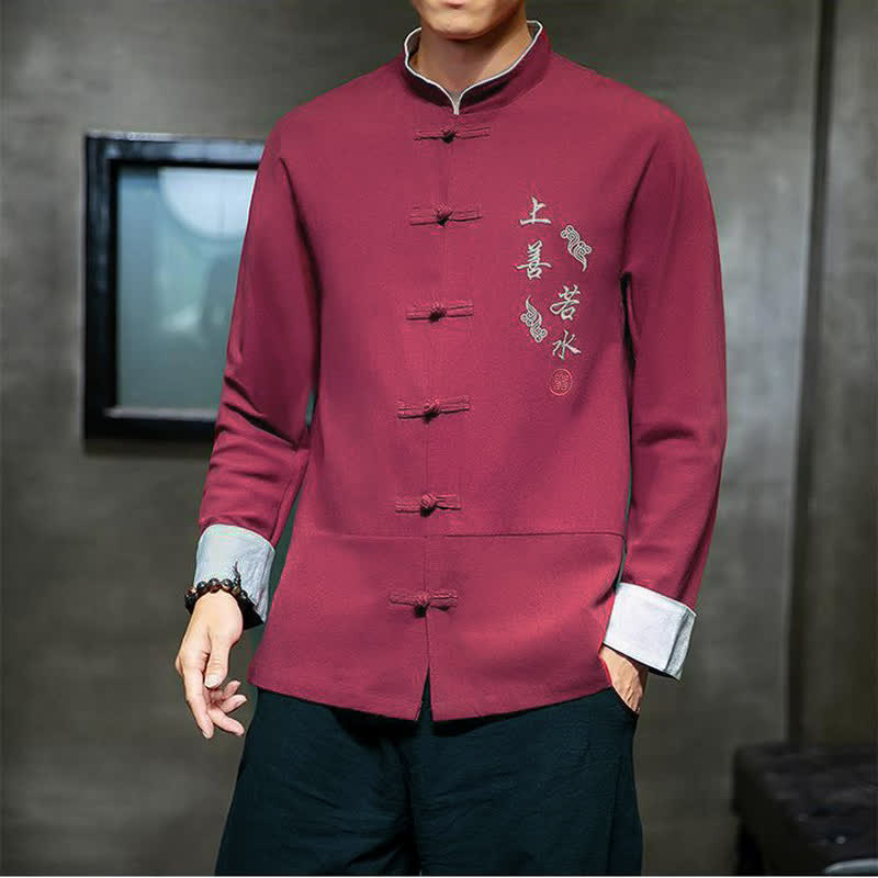 Buddha Stones Camisas de manga larga para hombre, estilo Tang vintage, con cuello mandarín, botones de rana y bordado de personajes, ideales para otoño e invierno. - image 14