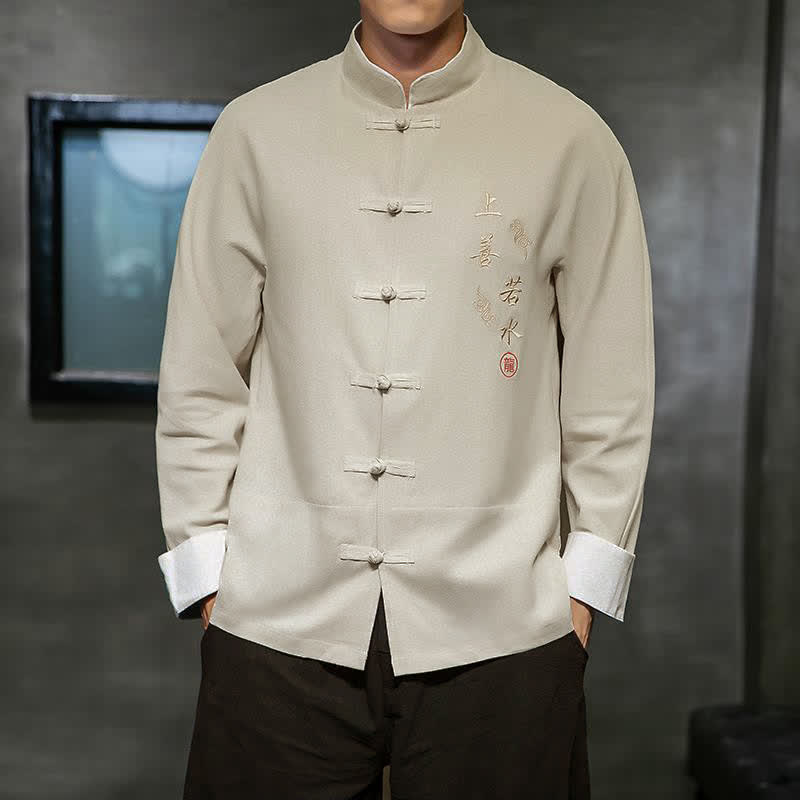 Buddha Stones Camisas de manga larga para hombre, estilo Tang vintage, con cuello mandarín, botones de rana y bordado de personajes, ideales para otoño e invierno. - image 11
