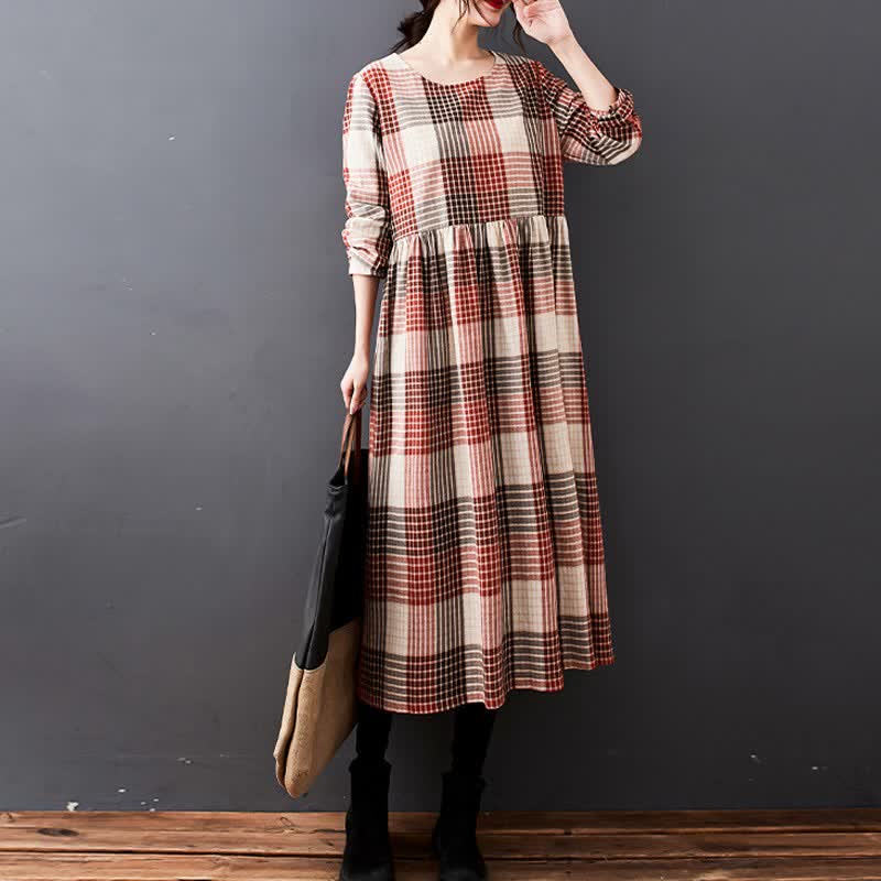 Buddha Stones Vestido de manga larga para mujer, estilo casual vintage a cuadros, con bolsillos, ideal para otoño. - image 6