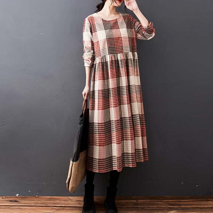 Buddha Stones Vestido de manga larga para mujer, estilo casual vintage a cuadros, con bolsillos, ideal para otoño. - image 6