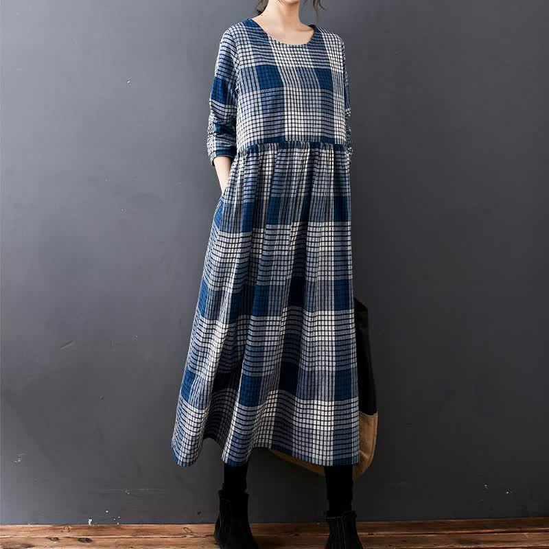 Buddha Stones Vestido de manga larga para mujer, estilo casual vintage a cuadros, con bolsillos, ideal para otoño. - image 1