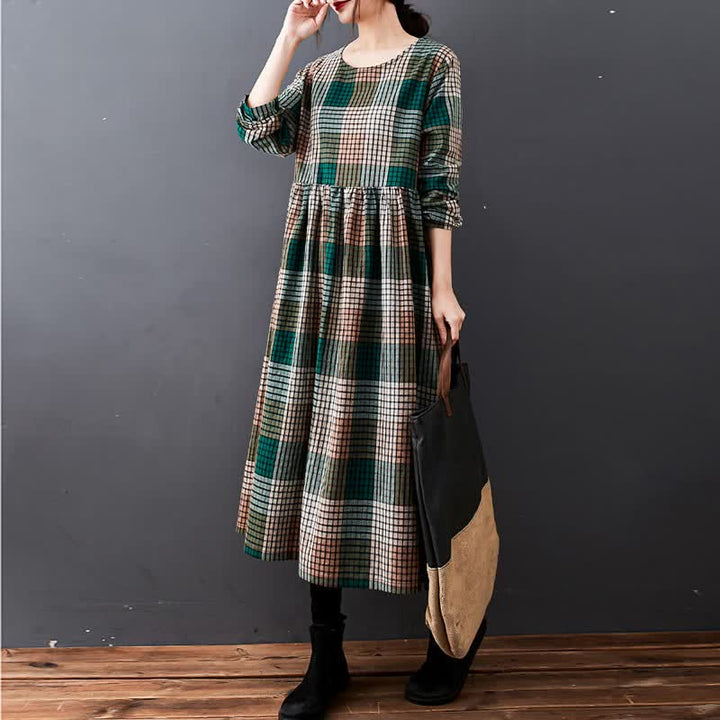 Buddha Stones Vestido de manga larga para mujer, estilo casual vintage a cuadros, con bolsillos, ideal para otoño. - Verde bosque - US14, UK/AU18, EU46 (2XL) - image 3