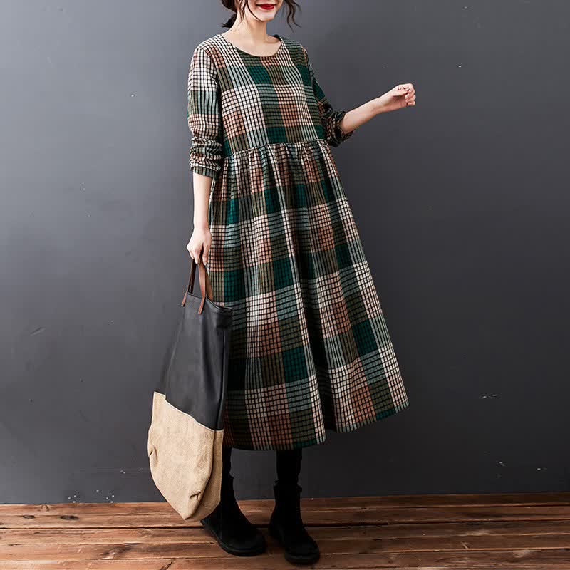 Buddha Stones Vestido de manga larga para mujer, estilo casual vintage a cuadros, con bolsillos, ideal para otoño. - image 4