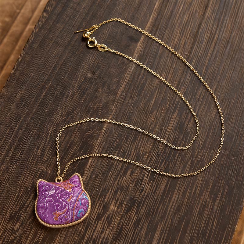 Buddha Stones Collar chino de conexión armónica con cabeza de gato de brocado y cobre - image 4