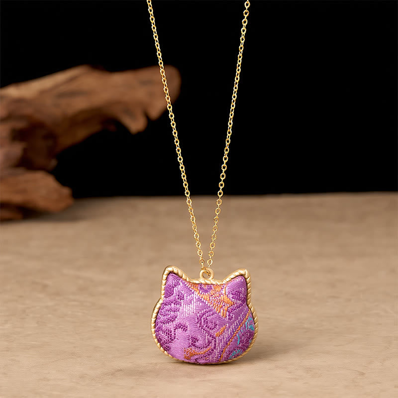 Buddha Stones Collar chino de conexión armónica con cabeza de gato de brocado y cobre - image 1