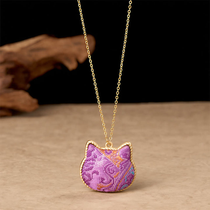 Buddha Stones Collar chino de conexión armónica con cabeza de gato de brocado y cobre - image 1
