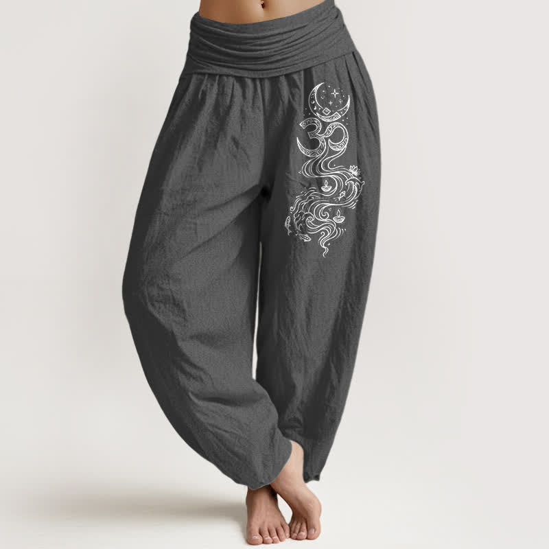 Buddha Stones Pantalones harem de algodón puro con estampado de luna sagrada Om para mujer, cintura elástica. - Gris oscuro - US16，UK/AU20，EU48 (3XL) - image 0