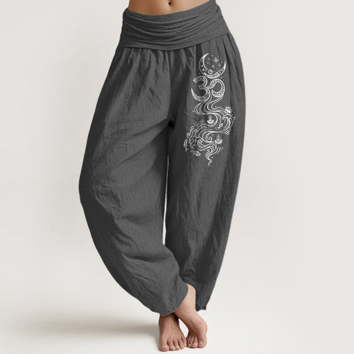 Buddha Stones Pantalones harem de algodón puro con estampado de luna sagrada Om para mujer, cintura elástica. - Gris oscuro - US16，UK/AU20，EU48 (3XL) - image 0