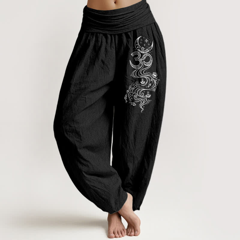 Buddha Stones Pantalones harem de algodón puro con estampado de luna sagrada Om para mujer, cintura elástica. - Negro - US16，UK/AU20，EU48 (3XL) - image 5