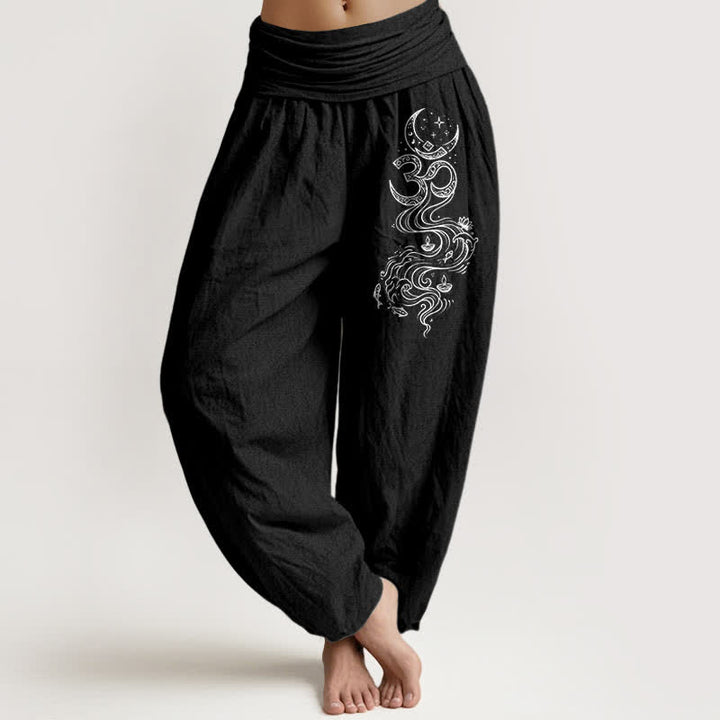Buddha Stones Pantalones harem de algodón puro con estampado de luna sagrada Om para mujer, cintura elástica. - Negro - US16，UK/AU20，EU48 (3XL) - image 5