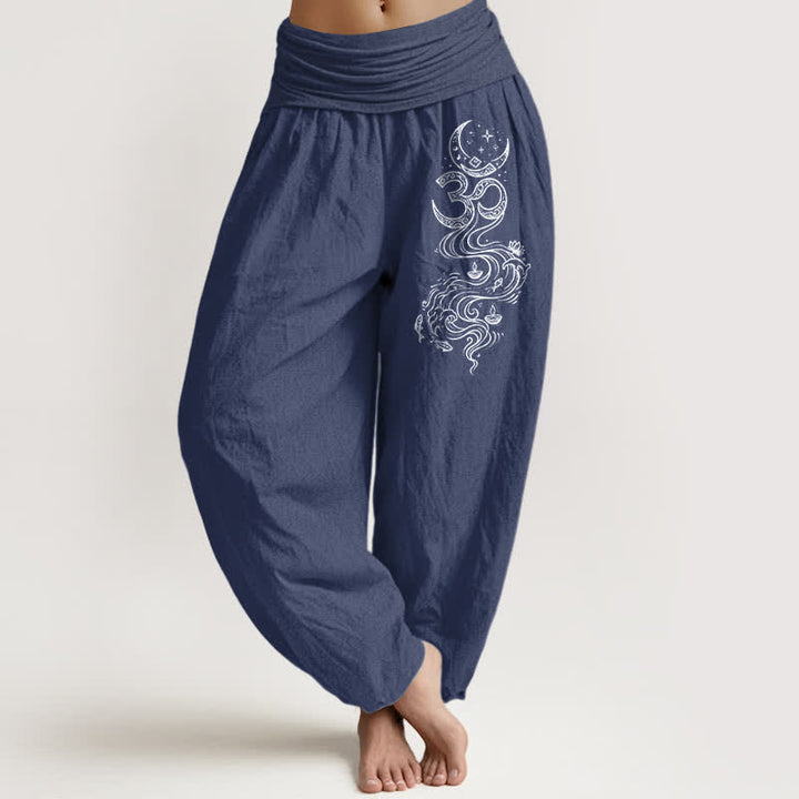 Buddha Stones Pantalones harem de algodón puro con estampado de luna sagrada Om para mujer, cintura elástica. - Azul pizarra oscuro - US16，UK/AU20，EU48 (3XL) - image 8