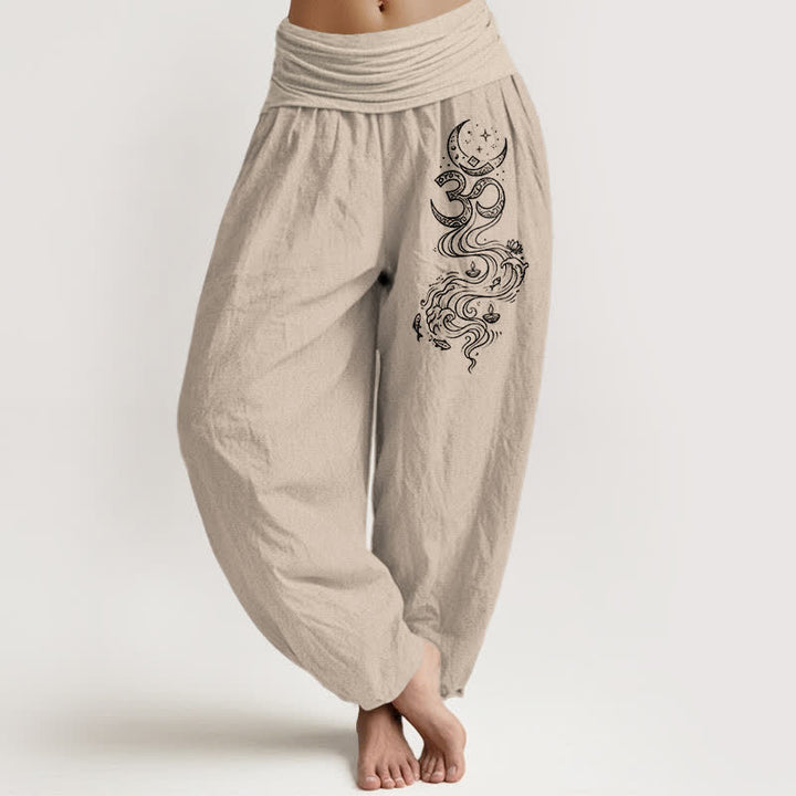 Buddha Stones Pantalones harem de algodón puro con estampado de luna sagrada Om para mujer, cintura elástica. - Broncearse - US16，UK/AU20，EU48 (3XL) - image 11