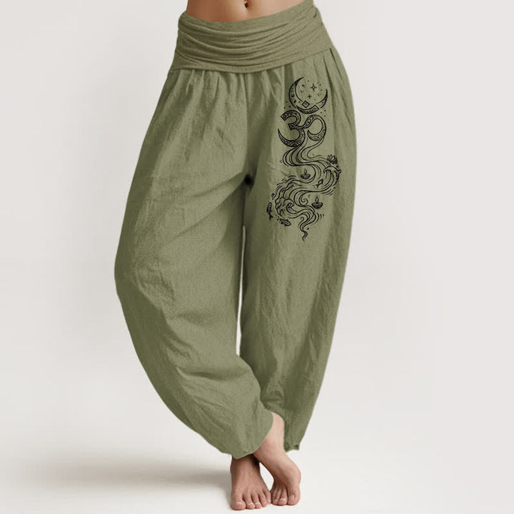 Buddha Stones Pantalones harem de algodón puro con estampado de luna sagrada Om para mujer, cintura elástica. - Verde oliva - US16，UK/AU20，EU48 (3XL) - image 14