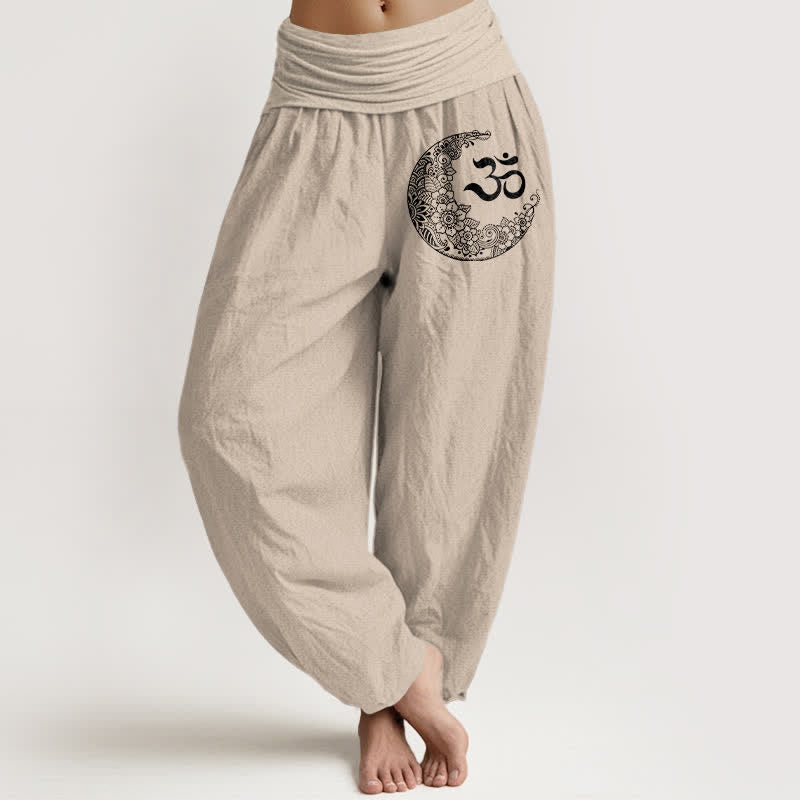 Buddha Stones Pantalones harem de algodón puro con estampado bohemio de luna creciente y cintura elástica para mujer. - Broncearse - US16，UK/AU20，EU48 (3XL) - image 11