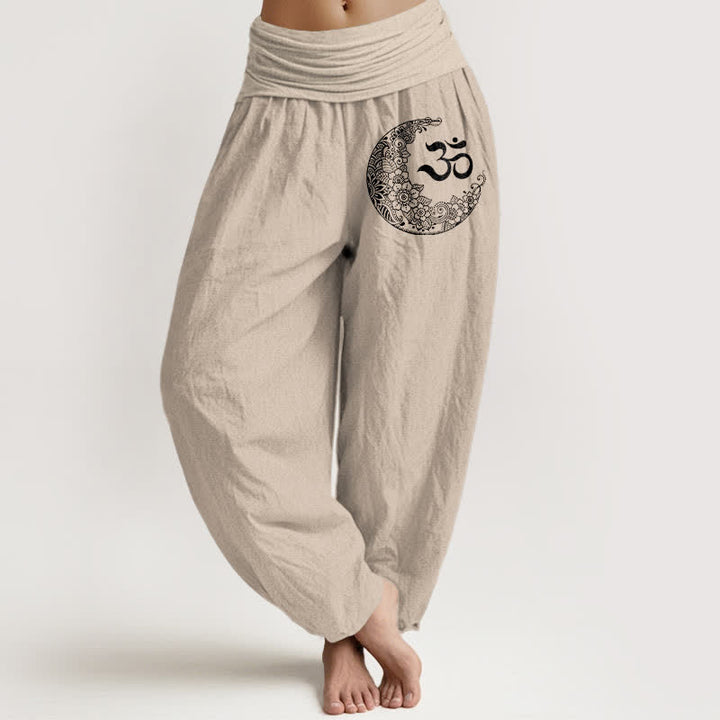 Buddha Stones Pantalones harem de algodón puro con estampado bohemio de luna creciente y cintura elástica para mujer. - Broncearse - US16，UK/AU20，EU48 (3XL) - image 11