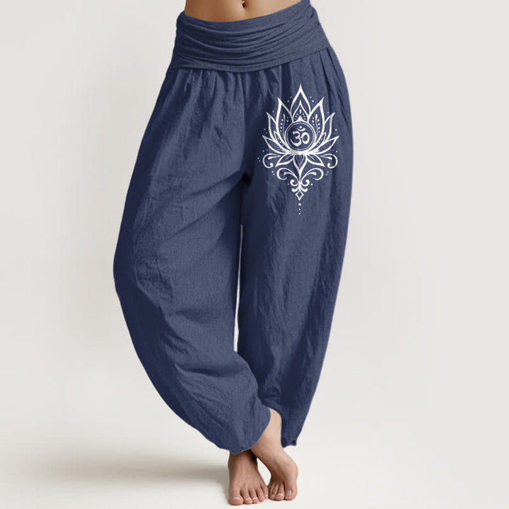 Buddha Stones Pantalones harem de mujer con cintura elástica y estampado de loto blanco puro para mujer - Azul pizarra oscuro - US16，UK/AU20，EU48 (3XL) - image 0