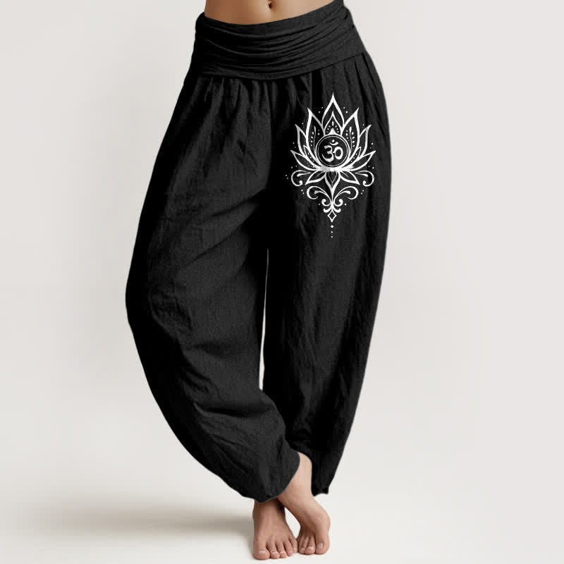 Buddha Stones Pantalones harem de mujer con cintura elástica y estampado de loto blanco puro para mujer - Negro - US16，UK/AU20，EU48 (3XL) - image 5