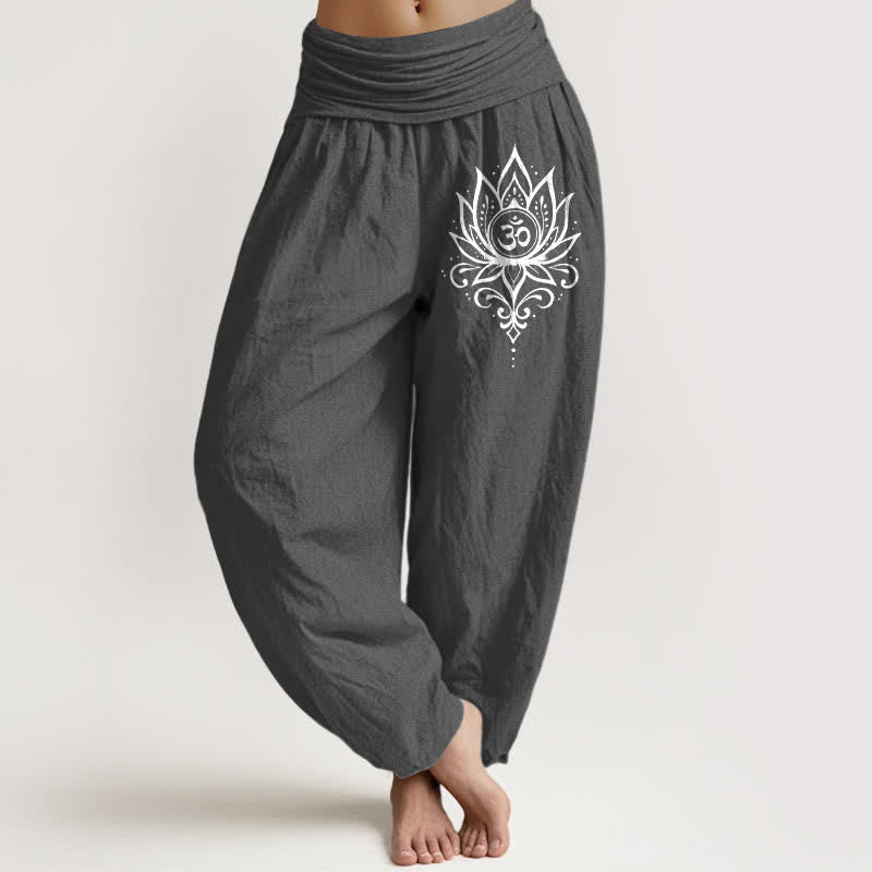 Buddha Stones Pantalones harem de mujer con cintura elástica y estampado de loto blanco puro para mujer - Gris oscuro - US16，UK/AU20，EU48 (3XL) - image 8