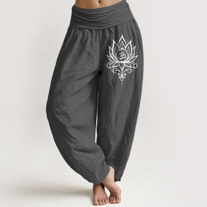 Buddha Stones Pantalones harem de mujer con cintura elástica y estampado de loto blanco puro para mujer - Gris oscuro - US16，UK/AU20，EU48 (3XL) - image 8