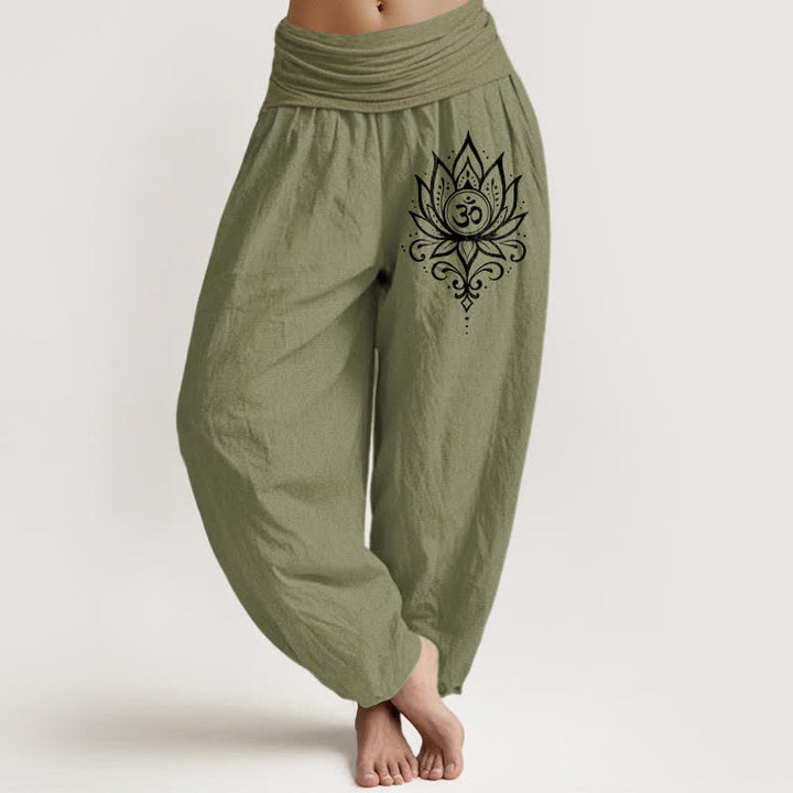 Buddha Stones Pantalones harem de mujer con cintura elástica y estampado de loto blanco puro para mujer - Verde oliva - US16，UK/AU20，EU48 (3XL) - image 14