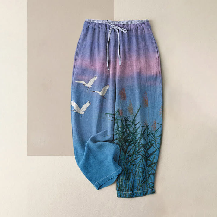 Buddha Stones Pantalones de mujer de algodón puro con estampado de grullas de bambú, cintura elástica y bolsillos. - Azul aciano - US16，UK/AU20，EU48 (3XL) - image 0