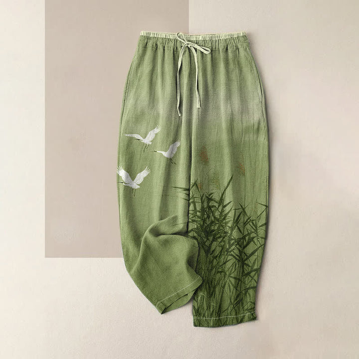 Buddha Stones Pantalones de mujer de algodón puro con estampado de grullas de bambú, cintura elástica y bolsillos. - Verde mar oscuro - US16，UK/AU20，EU48 (3XL) - image 3