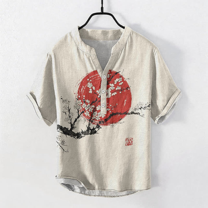 Buddha Stones Camisa de manga corta con medio botón para hombre, con estampado de flores de ciruelo y sol, de Cotton Ink. - Lino - US/UK/AU50, EU60 (5XL) - image 0
