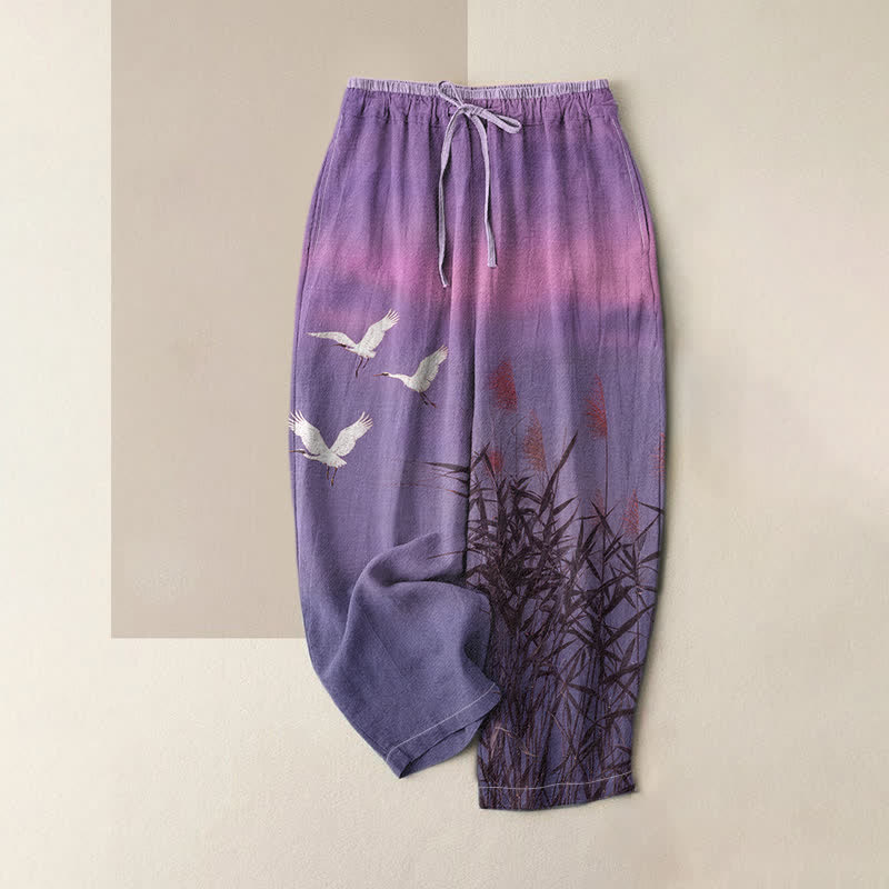 Buddha Stones Pantalones de mujer de algodón puro con estampado de grullas de bambú, cintura elástica y bolsillos. - Morado medio - US16，UK/AU20，EU48 (3XL) - image 4